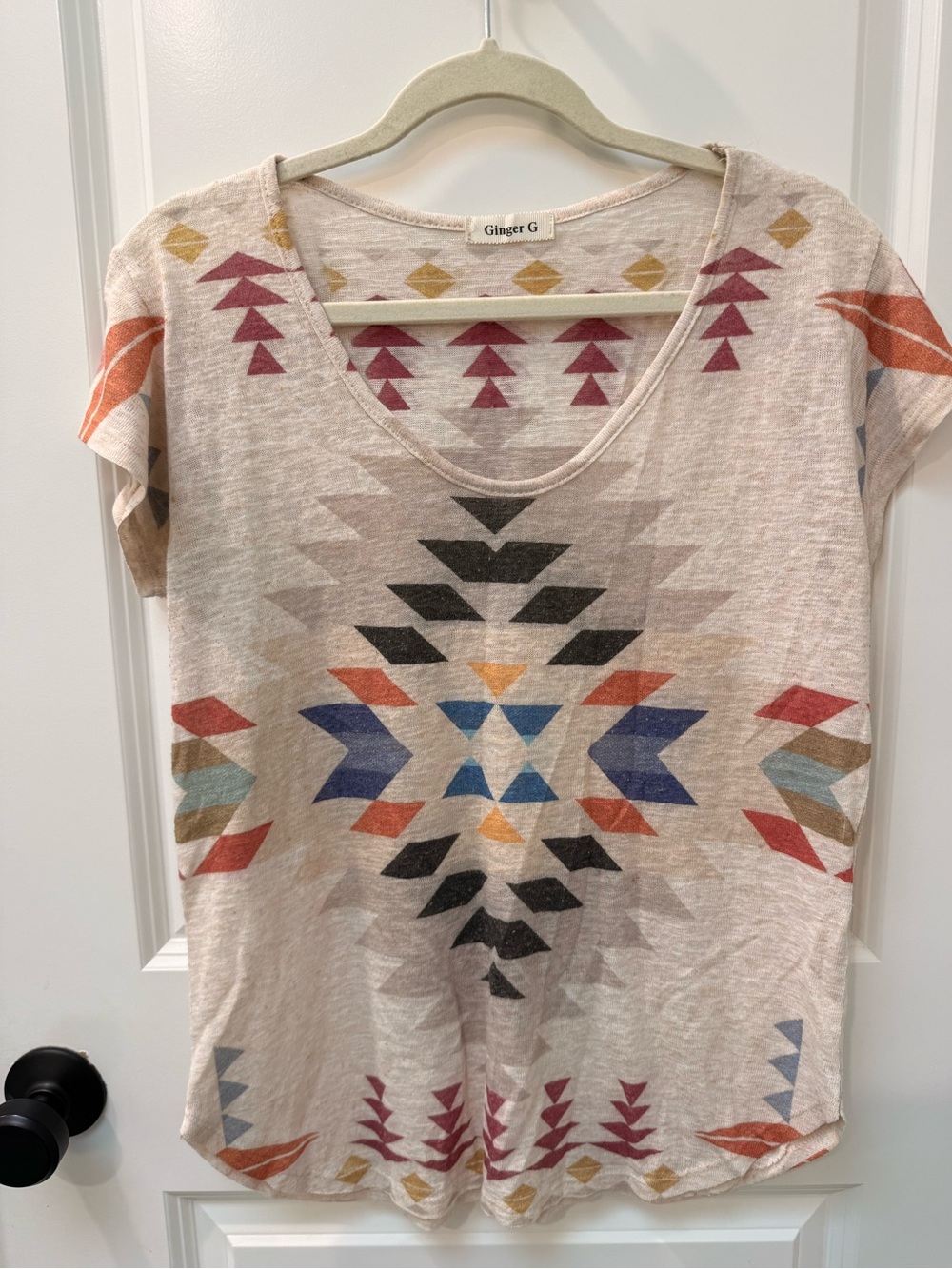 Ginger G Neutral Aztec-Print Short Sleeve Scoop Top